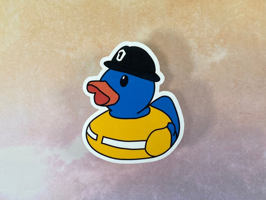 Sticker of a blue duck wearing a firefighter uniform on a textured beige background