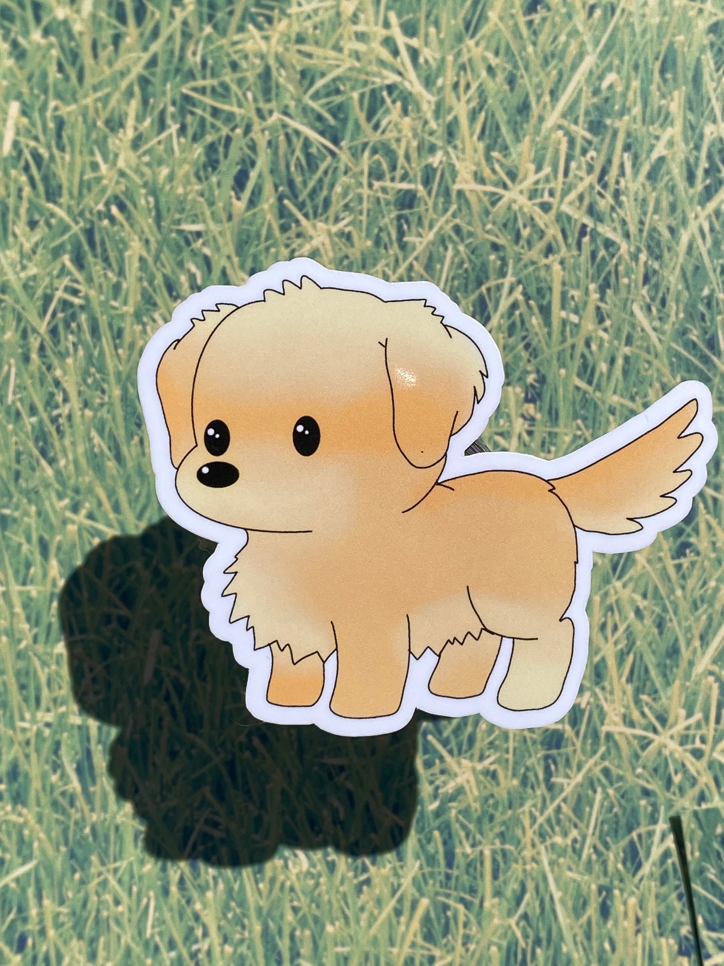 Cartoon dog sticker on a textured green background