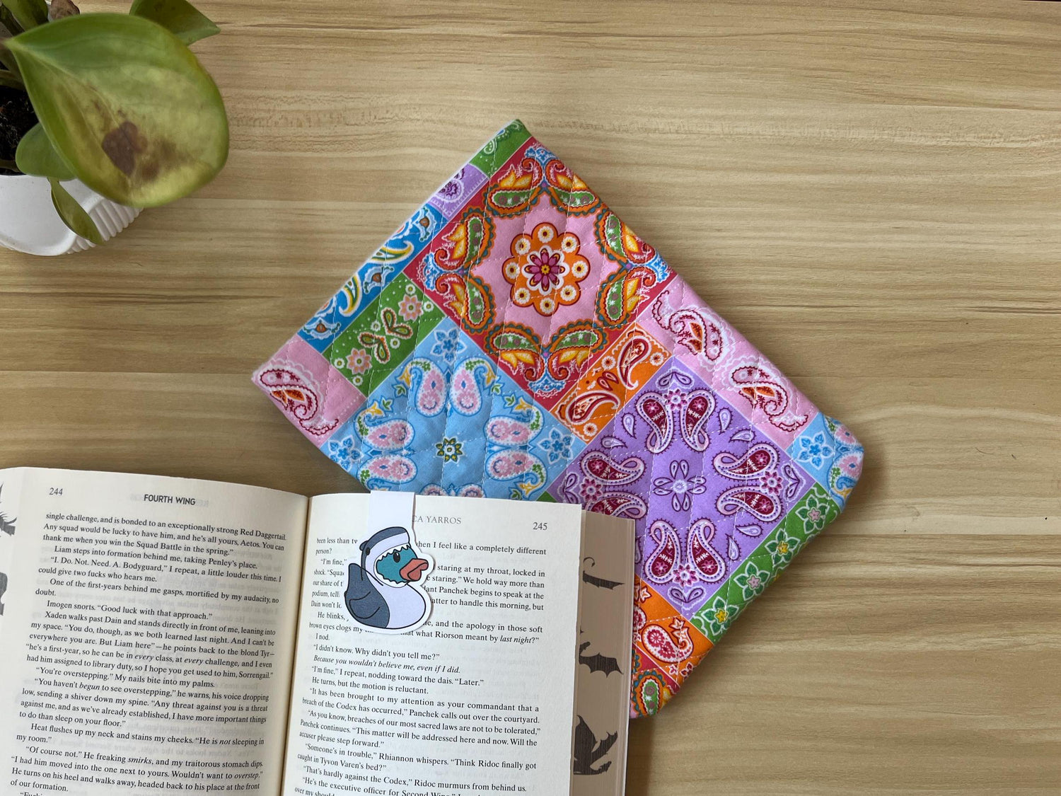 patchwork book sleeve behind book