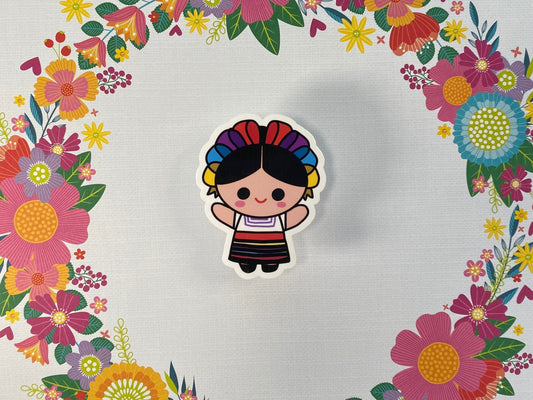 Sticker of a character with a colorful headpiece on a floral background