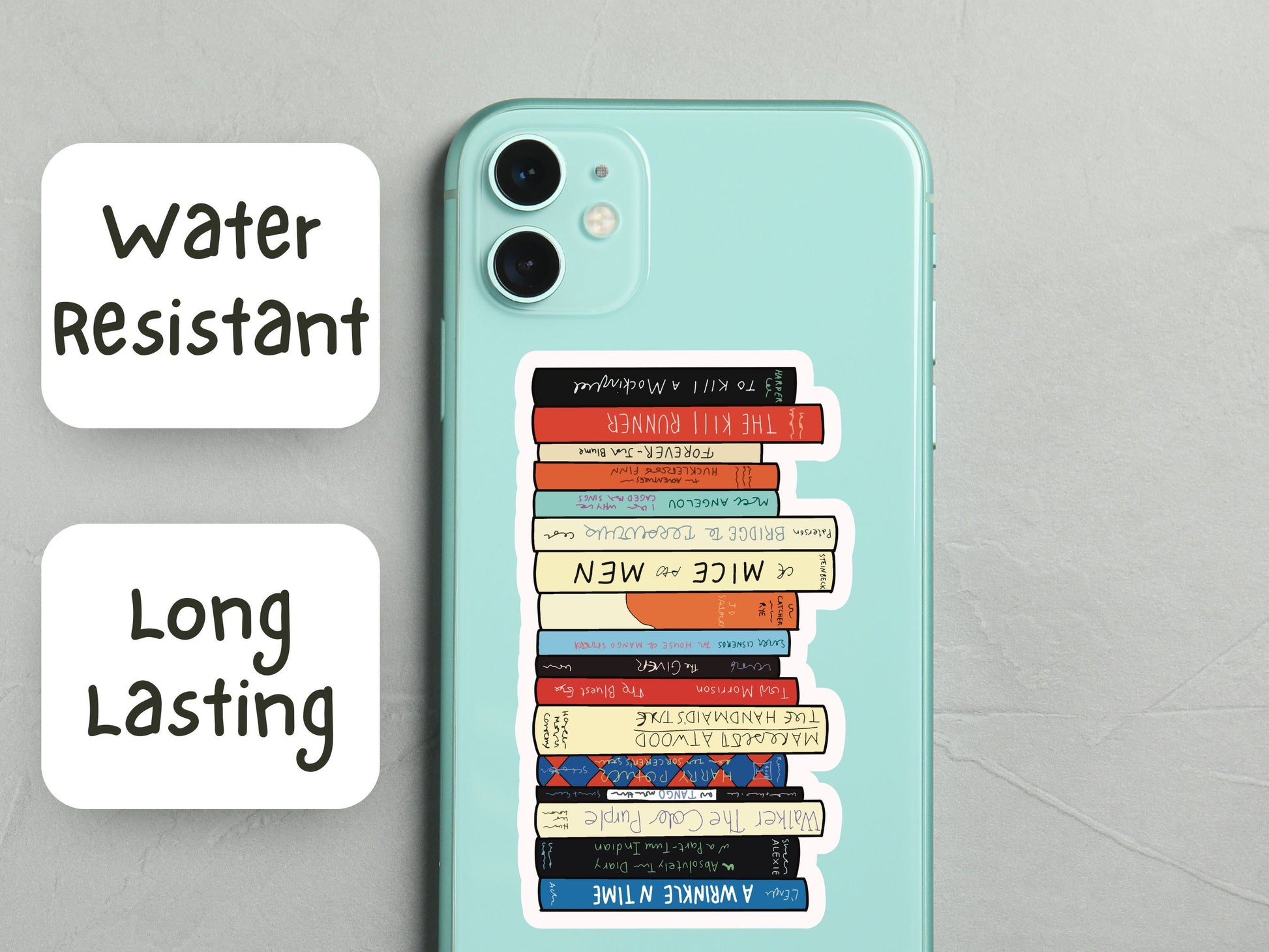 Phone case with book stack design and 'Water Resistant' and 'Long Lasting' labels on a gray background