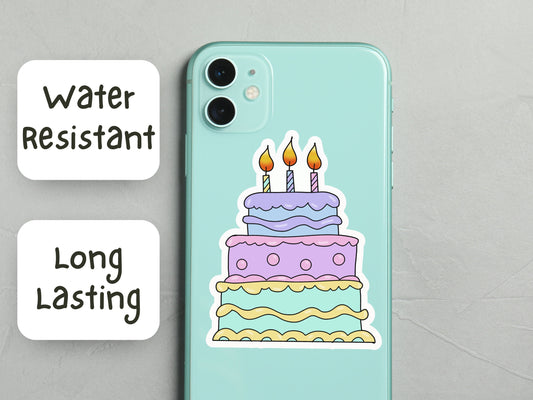 Phone case with birthday cake design and text 'Water Resistant' and 'Long Lasting' on a gray background