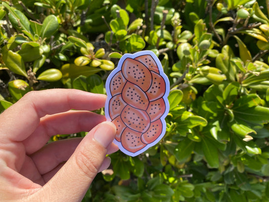 Hand holding a sticker of a challah bread against a green leafy background