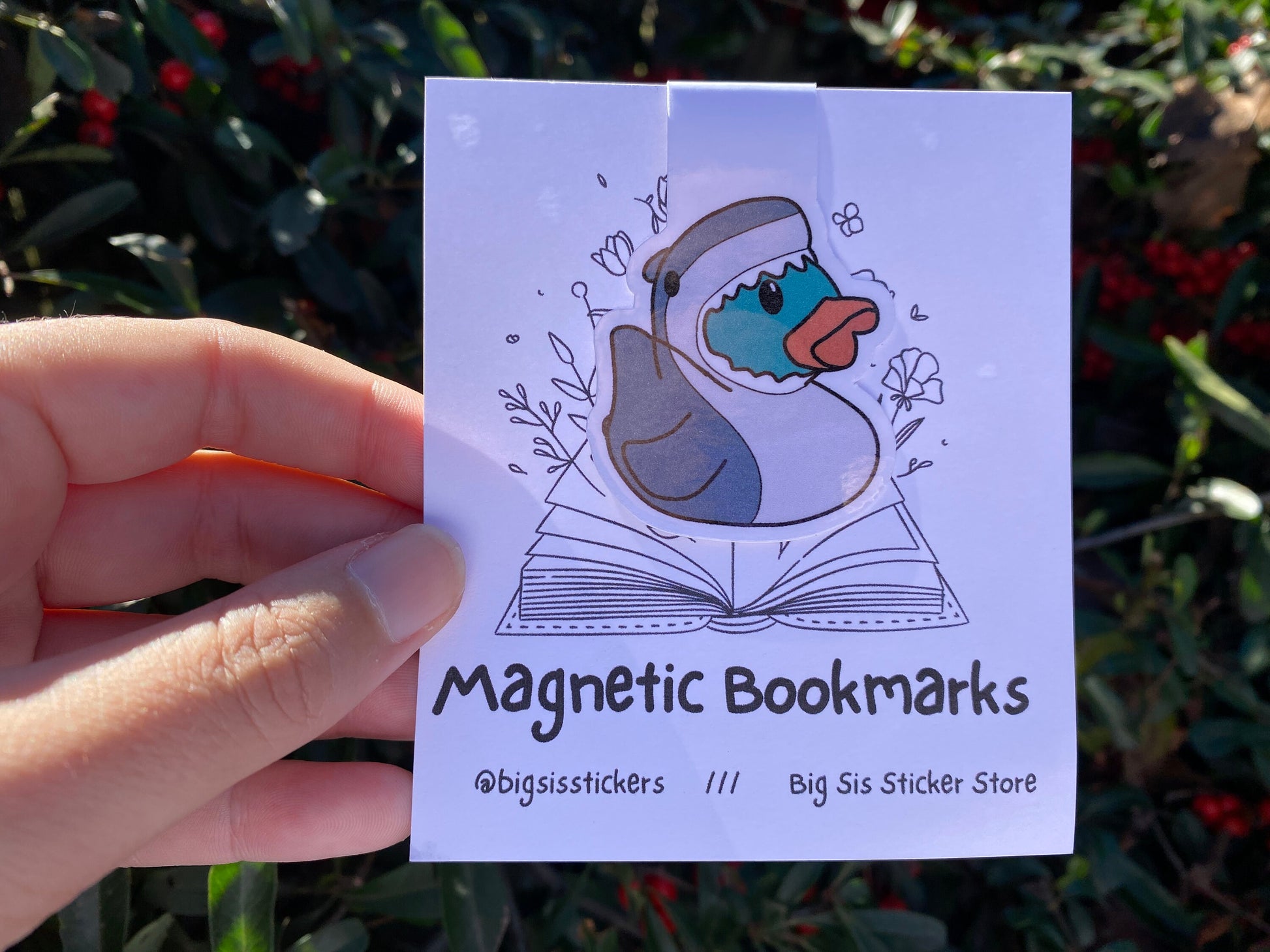 shark rubber duck magnetic bookmark on backing card