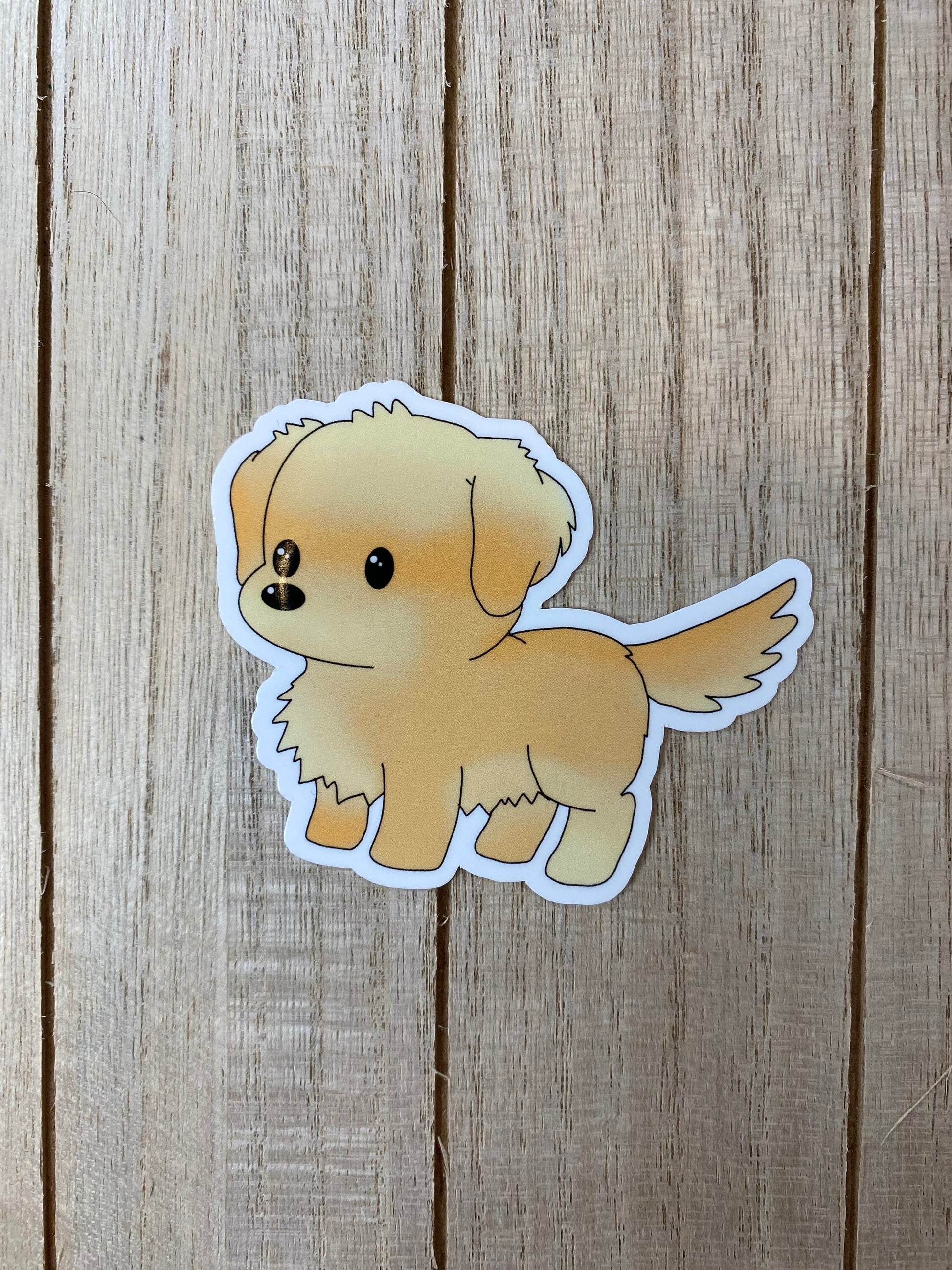 Cartoon dog sticker on a wooden surface