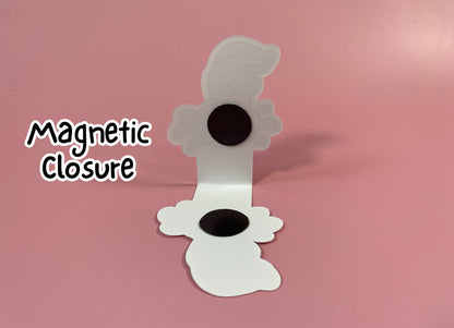 Magnetic closure shown on a pink background