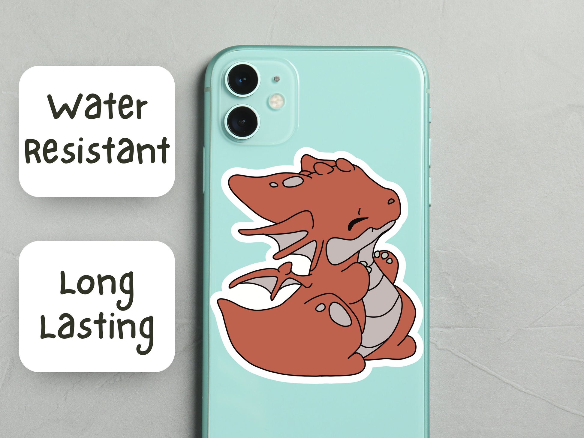 Phone case with cartoon dragon design on a light blue background, featuring 'Water Resistant' and 'Long Lasting' text.